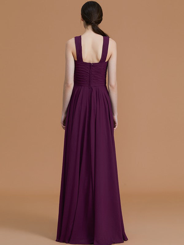 A-Line/Princess Halter Sleeveless Floor-Length Ruched Chiffon Bridesmaid Dresses Evening Prom Dress