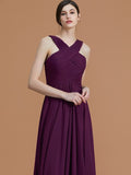 A-Line/Princess Halter Sleeveless Floor-Length Ruched Chiffon Bridesmaid Dresses Evening Prom Dress