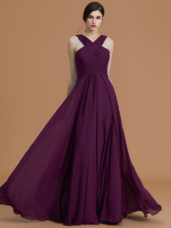 A-Line/Princess Halter Sleeveless Floor-Length Ruched Chiffon Bridesmaid Dresses Evening Prom Dress