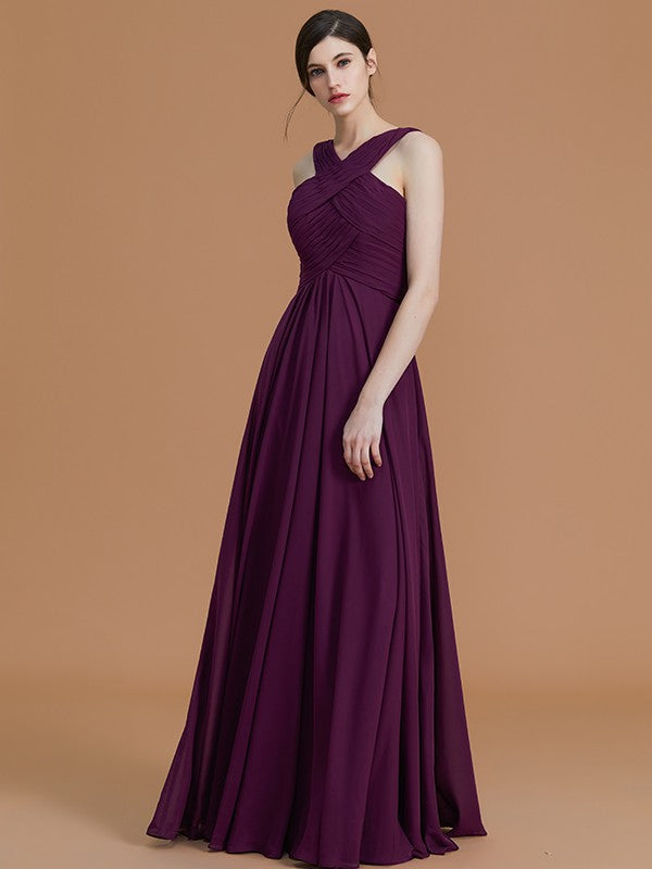 A-Line/Princess Halter Sleeveless Floor-Length Ruched Chiffon Bridesmaid Dresses Evening Prom Dress
