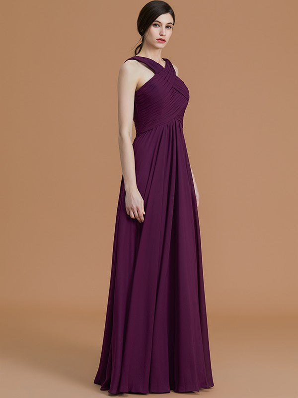 A-Line/Princess Halter Sleeveless Floor-Length Ruched Chiffon Bridesmaid Dresses Evening Prom Dress