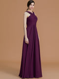 A-Line/Princess Halter Sleeveless Floor-Length Ruched Chiffon Bridesmaid Dresses Evening Prom Dress