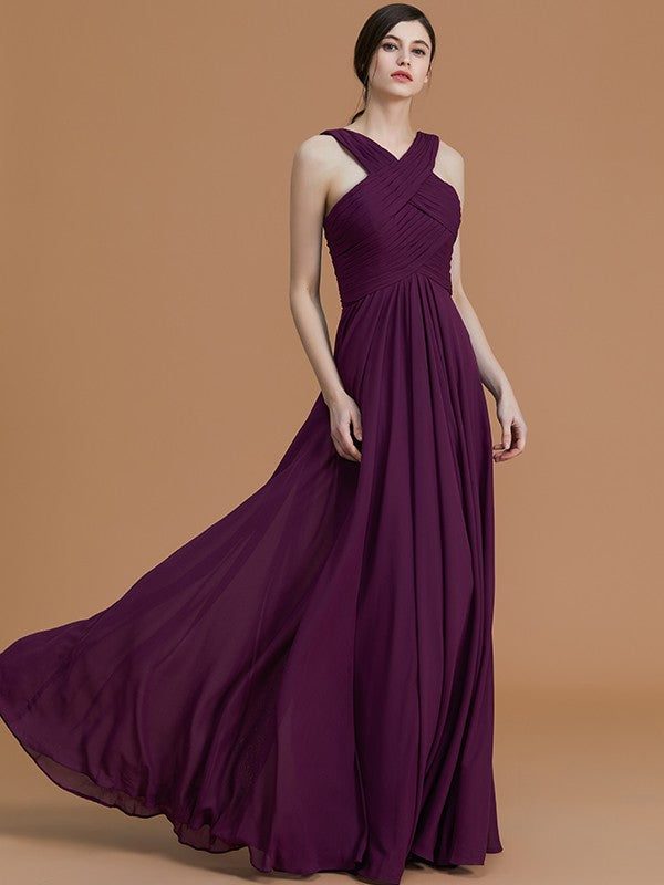 A-Line/Princess Halter Sleeveless Floor-Length Ruched Chiffon Bridesmaid Dresses Evening Prom Dress