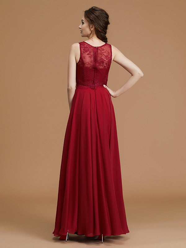 A-Linie/Princess-Linie Bateau-Ausschnitt Ärmellos Bodenlang Spitze Chiffon Brautjungfernkleider Abendkleid