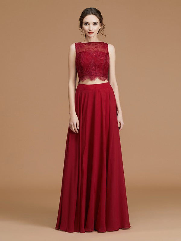 A-Linie/Princess-Linie Bateau-Ausschnitt Ärmellos Bodenlang Spitze Chiffon Brautjungfernkleider Abendkleid