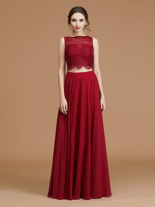A-Linie/Princess-Linie Bateau-Ausschnitt Ärmellos Bodenlang Spitze Chiffon Brautjungfernkleider Abendkleid