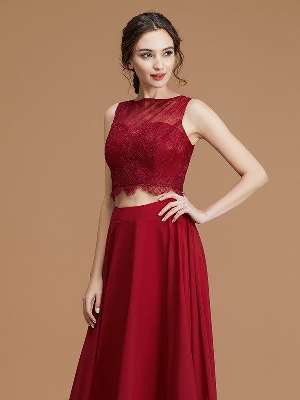 A-Linie/Princess-Linie Bateau-Ausschnitt Ärmellos Bodenlang Spitze Chiffon Brautjungfernkleider Abendkleid