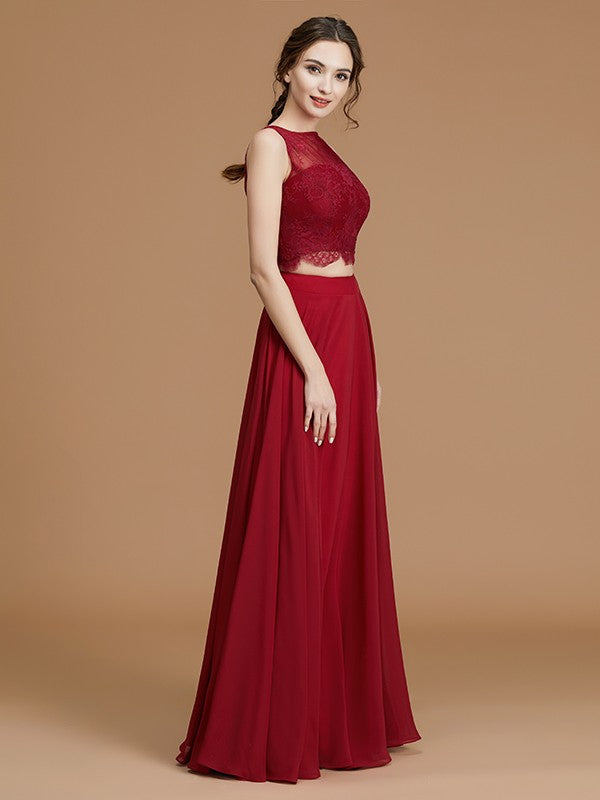 A-Linie/Princess-Linie Bateau-Ausschnitt Ärmellos Bodenlang Spitze Chiffon Brautjungfernkleider Abendkleid