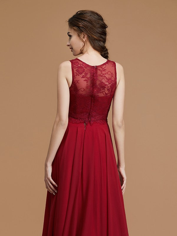 A-Linie/Princess-Linie Bateau-Ausschnitt Ärmellos Bodenlang Spitze Chiffon Brautjungfernkleider Abendkleid