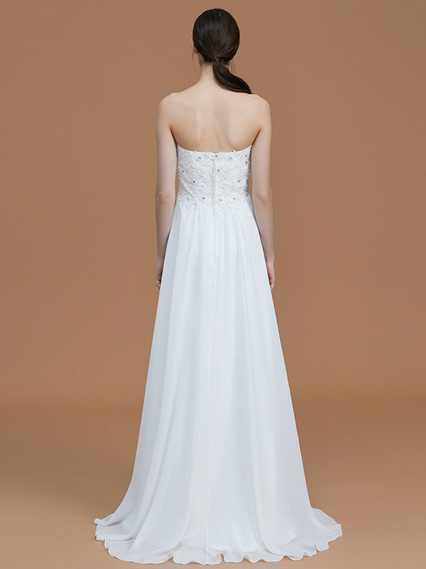 A-Line/Princess Sweetheart Sleeveless Sweep/Brush Train Beading Chiffon Bridesmaid Dresses Evening Prom Dress