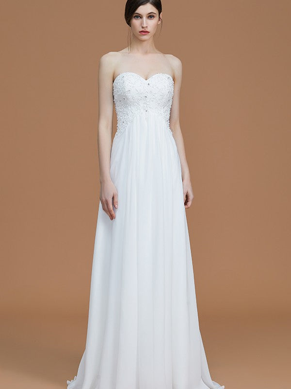 A-Line/Princess Sweetheart Sleeveless Sweep/Brush Train Beading Chiffon Bridesmaid Dresses Evening Prom Dress