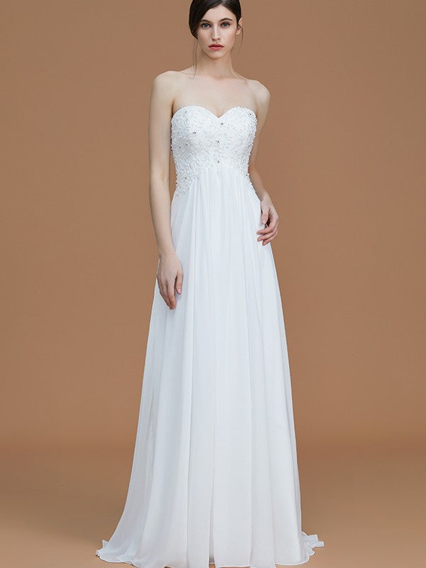 A-Line/Princess Sweetheart Sleeveless Sweep/Brush Train Beading Chiffon Bridesmaid Dresses Evening Prom Dress