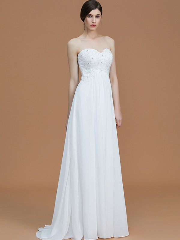 A-Line/Princess Sweetheart Sleeveless Sweep/Brush Train Beading Chiffon Bridesmaid Dresses Evening Prom Dress