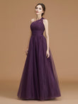 A-Line/Princess One-Shoulder Sleeveless Floor-Length Ruched Tulle Bridesmaid Dresses Evening Dress