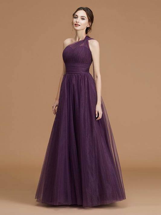 A-Line/Princess One-Shoulder Sleeveless Floor-Length Ruched Tulle Bridesmaid Dresses Evening Dress