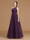A-Line/Princess One-Shoulder Sleeveless Floor-Length Ruched Tulle Bridesmaid Dresses Evening Dress