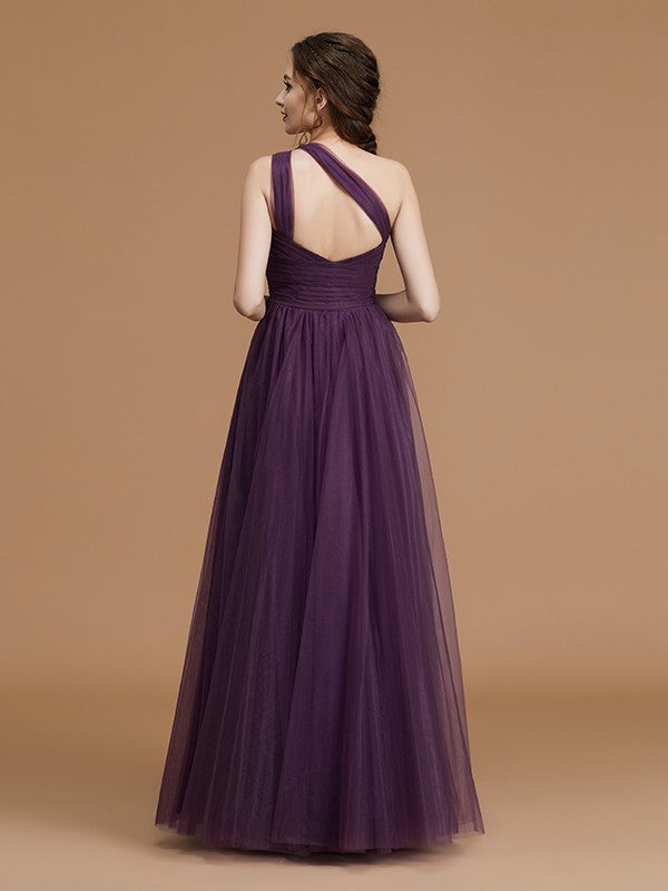 A-Line/Princess One-Shoulder Sleeveless Floor-Length Ruched Tulle Bridesmaid Dresses Evening Dress