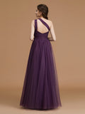 A-Line/Princess One-Shoulder Sleeveless Floor-Length Ruched Tulle Bridesmaid Dresses Evening Dress