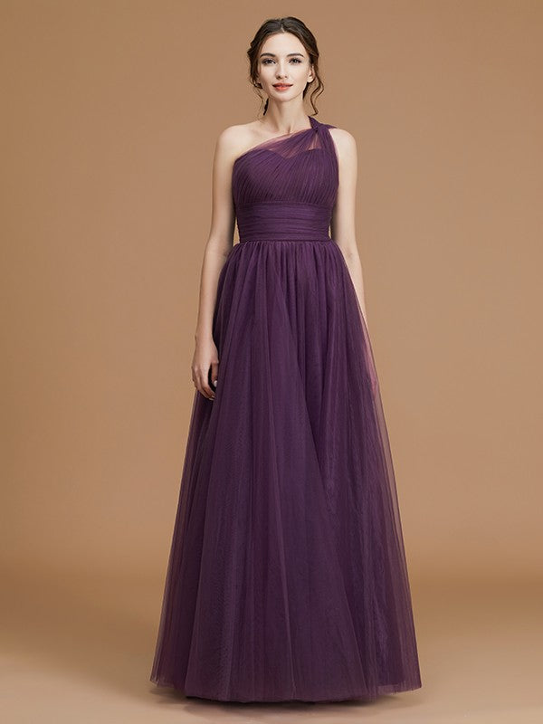 A-Line/Princess One-Shoulder Sleeveless Floor-Length Ruched Tulle Bridesmaid Dresses Evening Dress