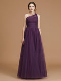 A-Line/Princess One-Shoulder Sleeveless Floor-Length Ruched Tulle Bridesmaid Dresses Evening Dress