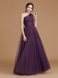 A-Line/Princess One-Shoulder Sleeveless Floor-Length Ruched Tulle Bridesmaid Dresses Evening Dress