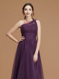 A-Line/Princess One-Shoulder Sleeveless Floor-Length Ruched Tulle Bridesmaid Dresses Evening Dress
