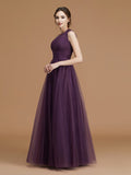 A-Line/Princess One-Shoulder Sleeveless Floor-Length Ruched Tulle Bridesmaid Dresses Evening Dress