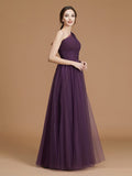 A-Line/Princess One-Shoulder Sleeveless Floor-Length Ruched Tulle Bridesmaid Dresses Evening Dress