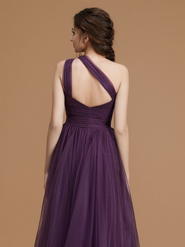 A-Line/Princess One-Shoulder Sleeveless Floor-Length Ruched Tulle Bridesmaid Dresses Evening Dress
