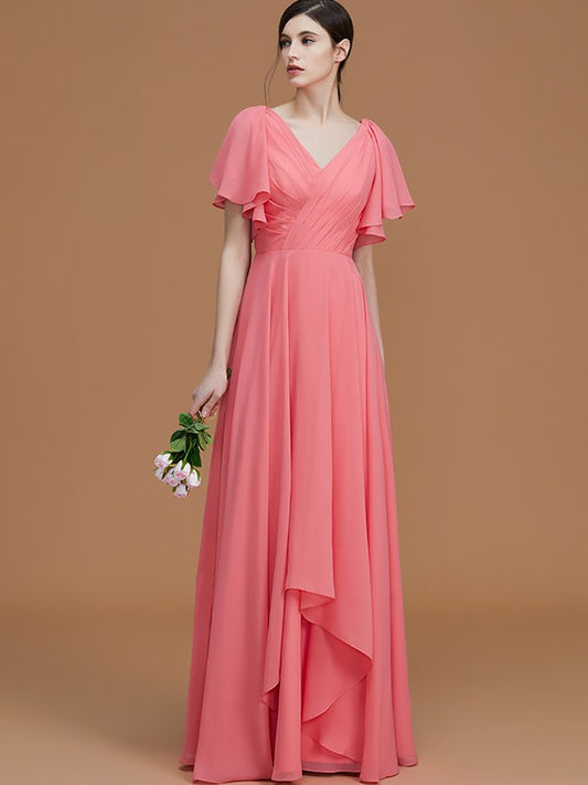 A-Line/Princess V-neck Short Sleeves Floor-Length Ruched Chiffon Bridesmaid Dresses Evening Dress