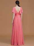 A-Line/Princess V-neck Short Sleeves Floor-Length Ruched Chiffon Bridesmaid Dresses Evening Dress