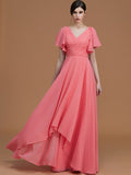 A-Line/Princess V-neck Short Sleeves Floor-Length Ruched Chiffon Bridesmaid Dresses Evening Dress