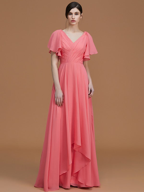 A-Line/Princess V-neck Short Sleeves Floor-Length Ruched Chiffon Bridesmaid Dresses Evening Dress