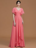A-Line/Princess V-neck Short Sleeves Floor-Length Ruched Chiffon Bridesmaid Dresses Evening Dress