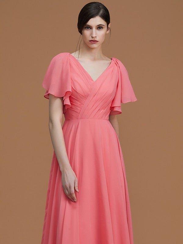 A-Line/Princess V-neck Short Sleeves Floor-Length Ruched Chiffon Bridesmaid Dresses Evening Dress