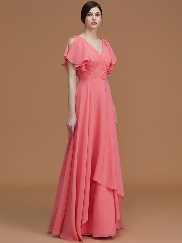 A-Line/Princess V-neck Short Sleeves Floor-Length Ruched Chiffon Bridesmaid Dresses Evening Dress