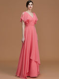 A-Line/Princess V-neck Short Sleeves Floor-Length Ruched Chiffon Bridesmaid Dresses Evening Dress