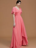 A-Line/Princess V-neck Short Sleeves Floor-Length Ruched Chiffon Bridesmaid Dresses Evening Dress