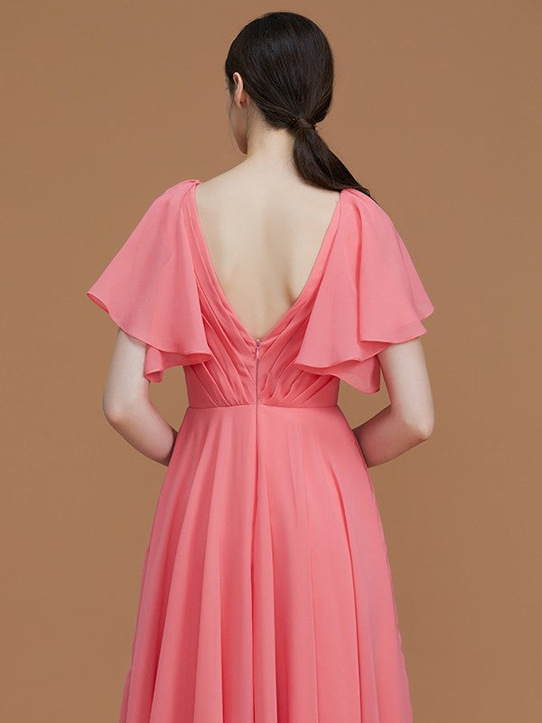 A-Line/Princess V-neck Short Sleeves Floor-Length Ruched Chiffon Bridesmaid Dresses Evening Dress