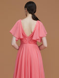 A-Line/Princess V-neck Short Sleeves Floor-Length Ruched Chiffon Bridesmaid Dresses Evening Dress