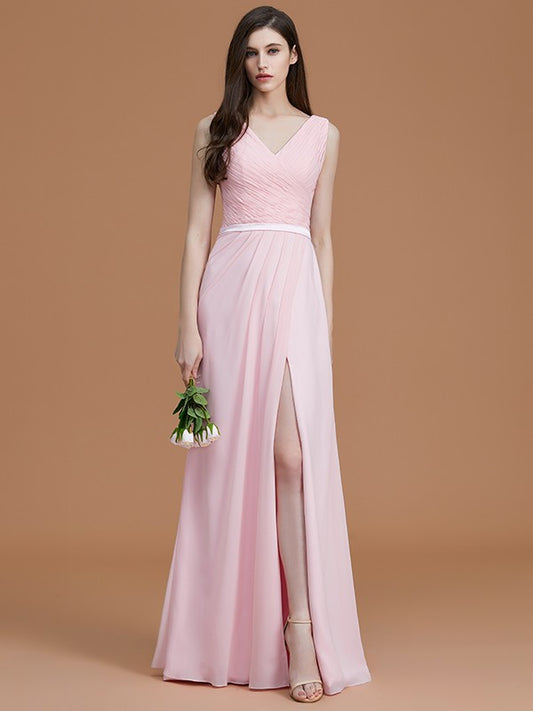 A-Linie/Princess-Linie V-Ausschnitt Ärmellos Bodenlang Geraffte Chiffon Brautjungfernkleider Kleid für Hochzeitsgäste