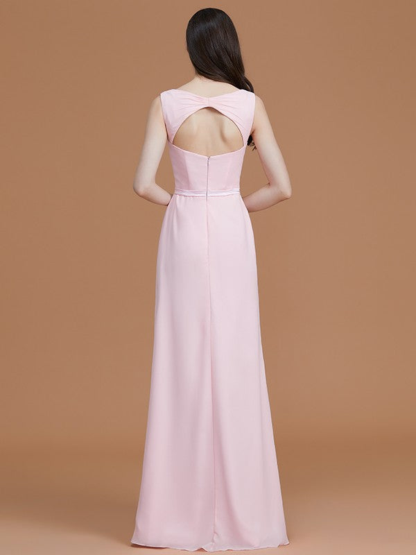 A-Line/Princess V-neck Sleeveless Floor-Length Ruched Chiffon Bridesmaid Dresses Wedding Guest Dress