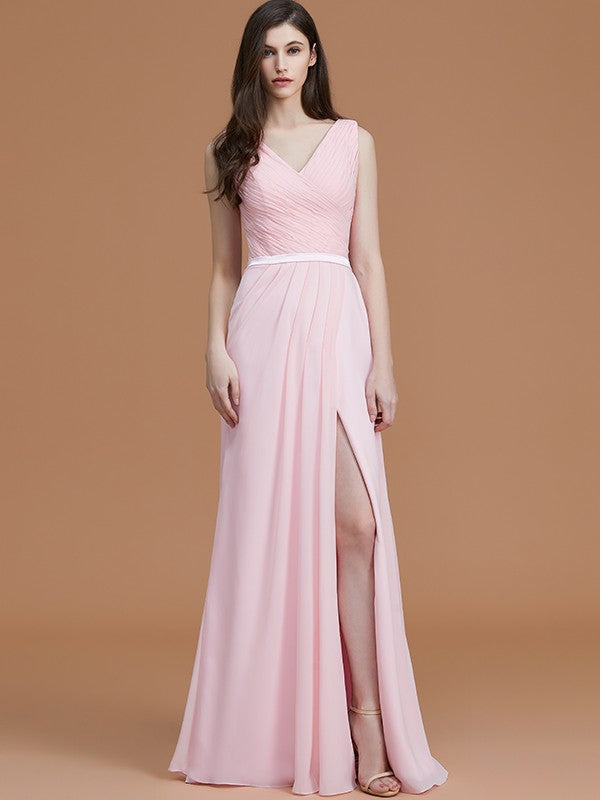 A-Line/Princess V-neck Sleeveless Floor-Length Ruched Chiffon Bridesmaid Dresses Wedding Guest Dress