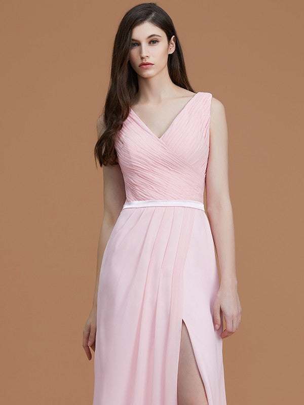 A-Line/Princess V-neck Sleeveless Floor-Length Ruched Chiffon Bridesmaid Dresses Wedding Guest Dress
