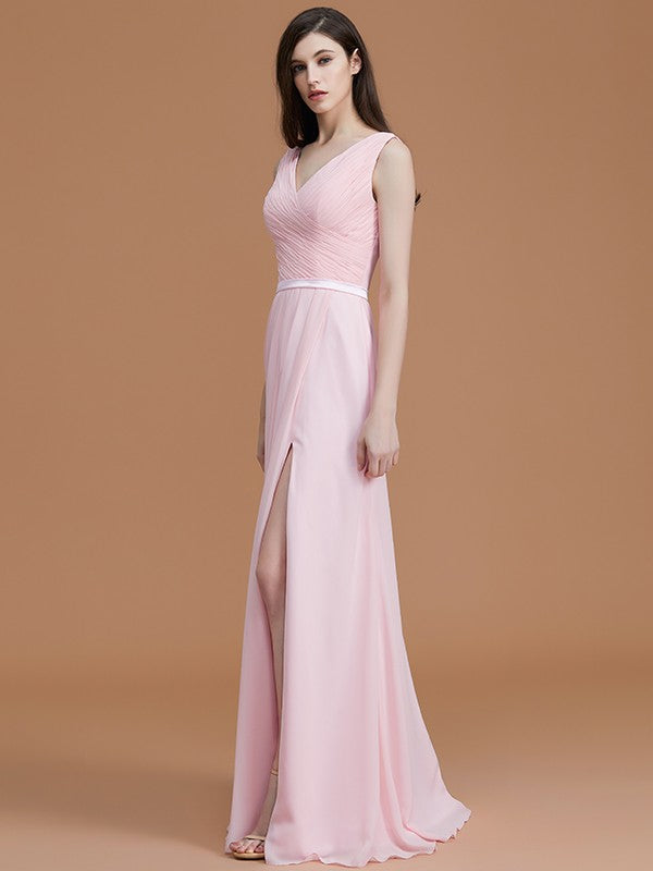 A-Line/Princess V-neck Sleeveless Floor-Length Ruched Chiffon Bridesmaid Dresses Wedding Guest Dress