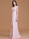A-Line/Princess V-neck Sleeveless Floor-Length Ruched Chiffon Bridesmaid Dresses Wedding Guest Dress