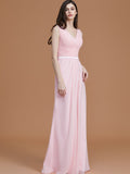 A-Line/Princess V-neck Sleeveless Floor-Length Ruched Chiffon Bridesmaid Dresses Wedding Guest Dress