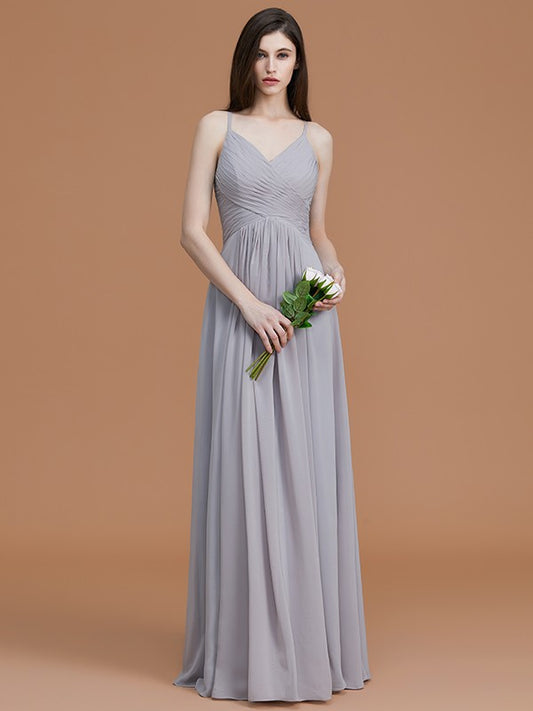 A-Line/Princess Spaghetti Straps Sleeveless Floor-Length Ruched Chiffon Bridesmaid Dresses Evening Dress