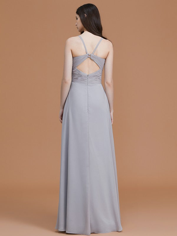 A-Line/Princess Spaghetti Straps Sleeveless Floor-Length Ruched Chiffon Bridesmaid Dresses Evening Dress