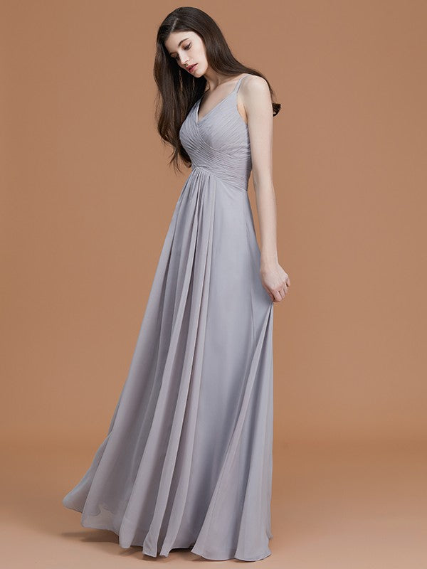 A-Line/Princess Spaghetti Straps Sleeveless Floor-Length Ruched Chiffon Bridesmaid Dresses Evening Dress